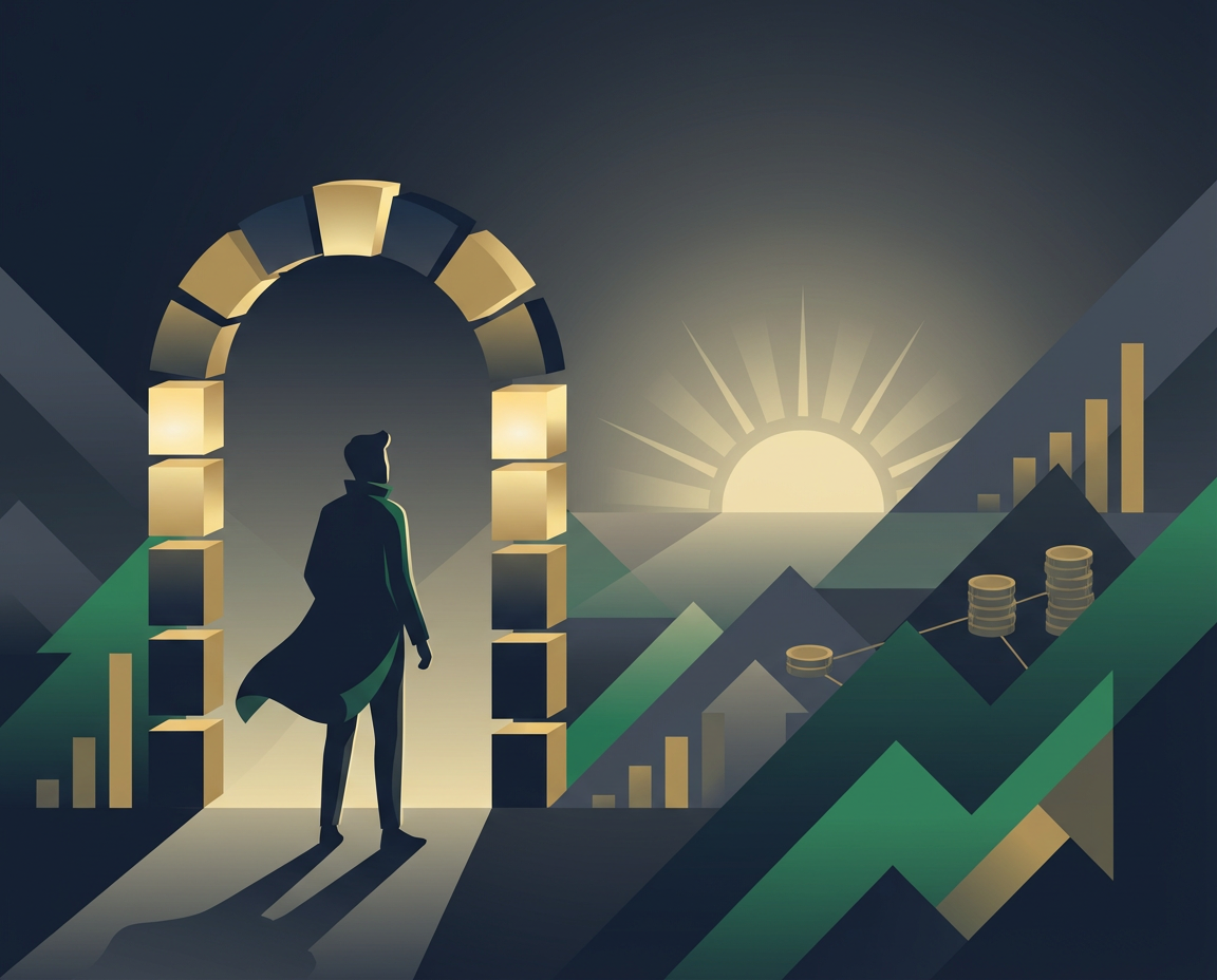 Modern minimalist illustration of a person standing at a crossroads or open doorway looking toward a bright horizon, symbolizing freedom and new possibilities. Dark, sophisticated color palette with deep navy blues, emerald greens, and gold accents. Clean geometric shapes suggesting upward growth and forward momentum. Subtle financial elements like ascending bar charts or stacked coins integrated organically into the background. Professional, aspirational mood with a sense of liberation and opportunity. 