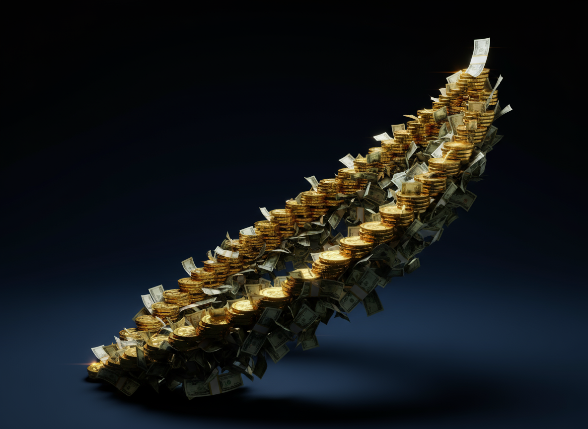 3D render of an exponential growth curve made of gleaming gold coins and currency bills stacking upward in a dramatic spiral formation. Dark navy blue to black gradient background with dramatic side lighting creating sharp shadows and highlights. Ultra-sharp focus, cinematic lighting, metallic reflections on coins, deep contrast. Moody and sophisticated atmosphere.