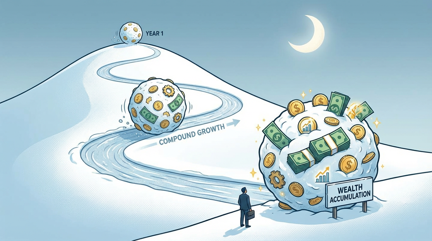  A growing snowball rolling down a snowy hill, starting small at the top and becoming massive at the bottom, with coins and dollar bills embedded in the snow, representing compound growth and wealth accumulation over time