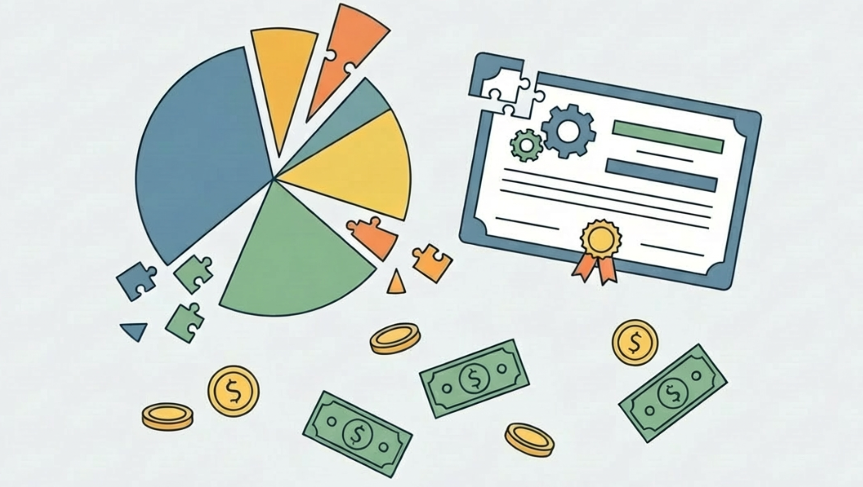 illustration of a large stock certificate or pie chart being divided into small colorful pieces, with coins and dollar bills scattered around, representing fractional share investing and accessible wealth building